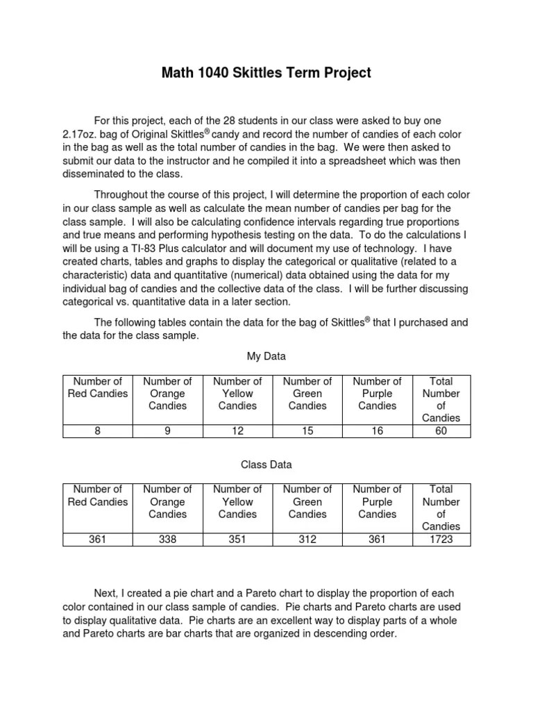 Math 1040 Skittles Term Project PDF P Value Statistical Hypothesis Testing