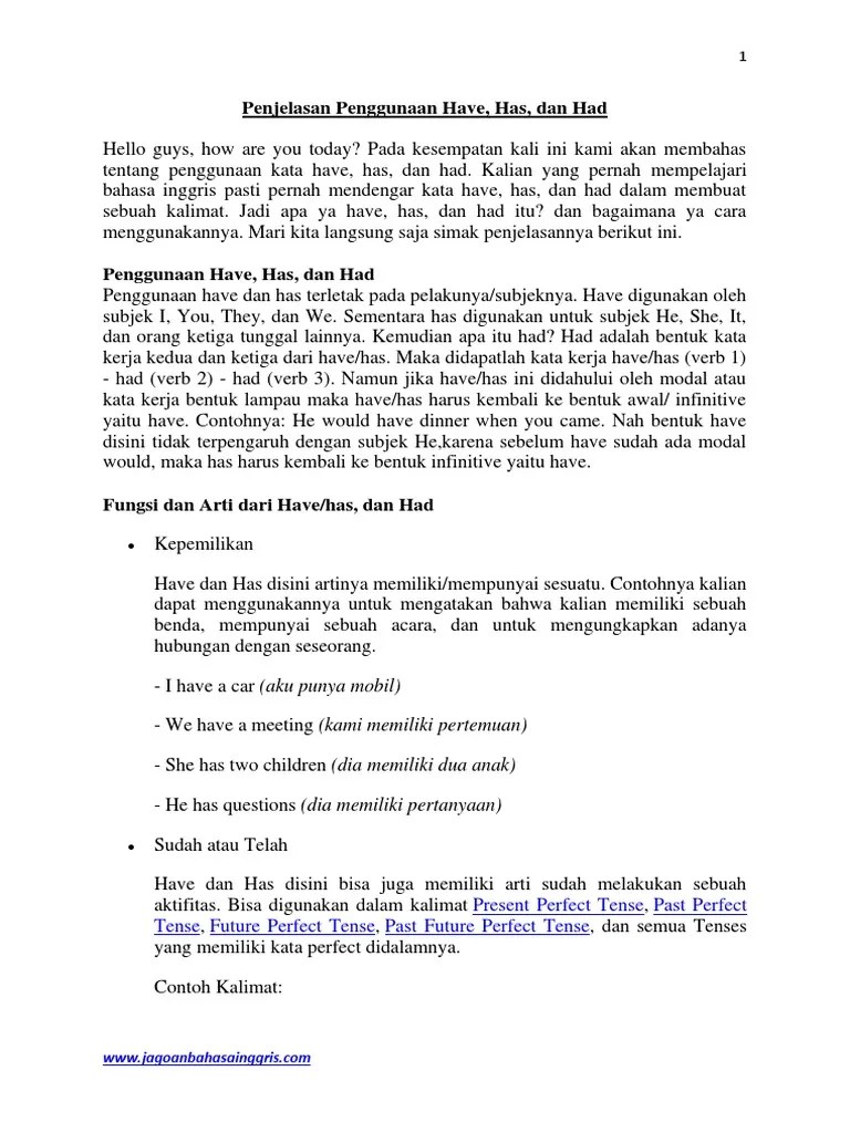 Penjelasan Penggunaan Have, Has, Dan Had | PDF