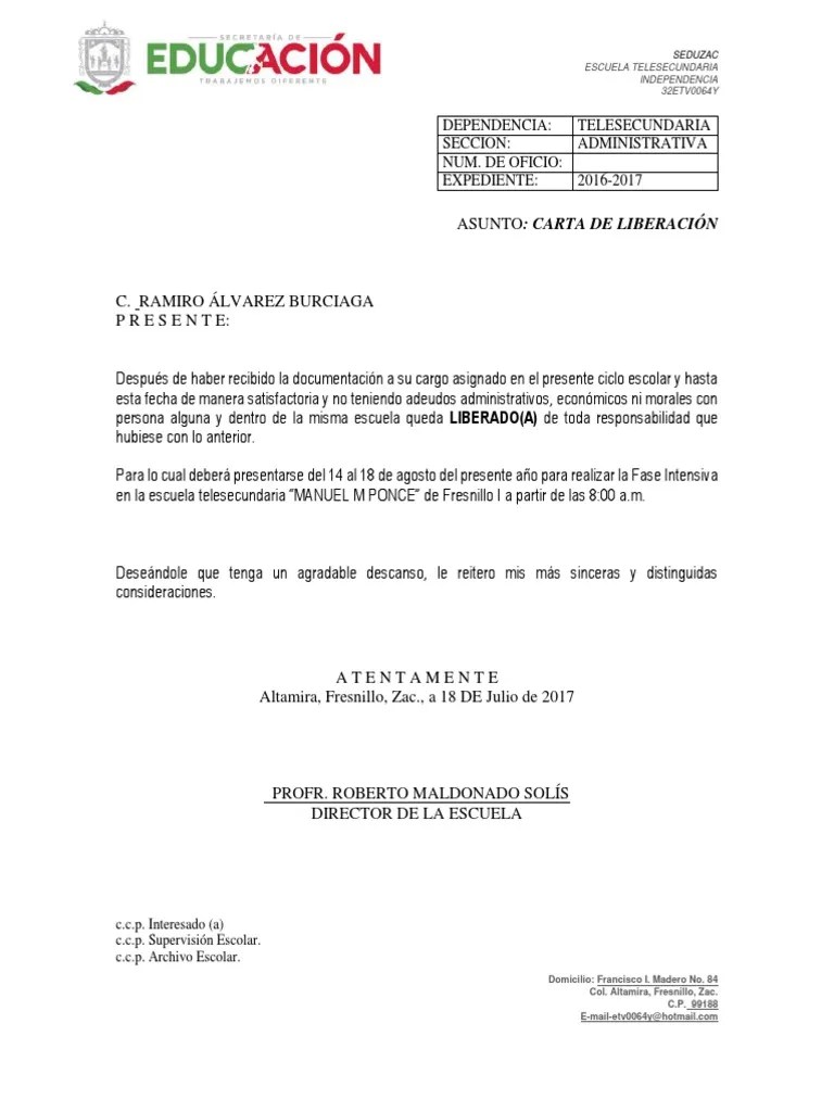 Carta de Liberación 2017 Escuelas Educación avanzada