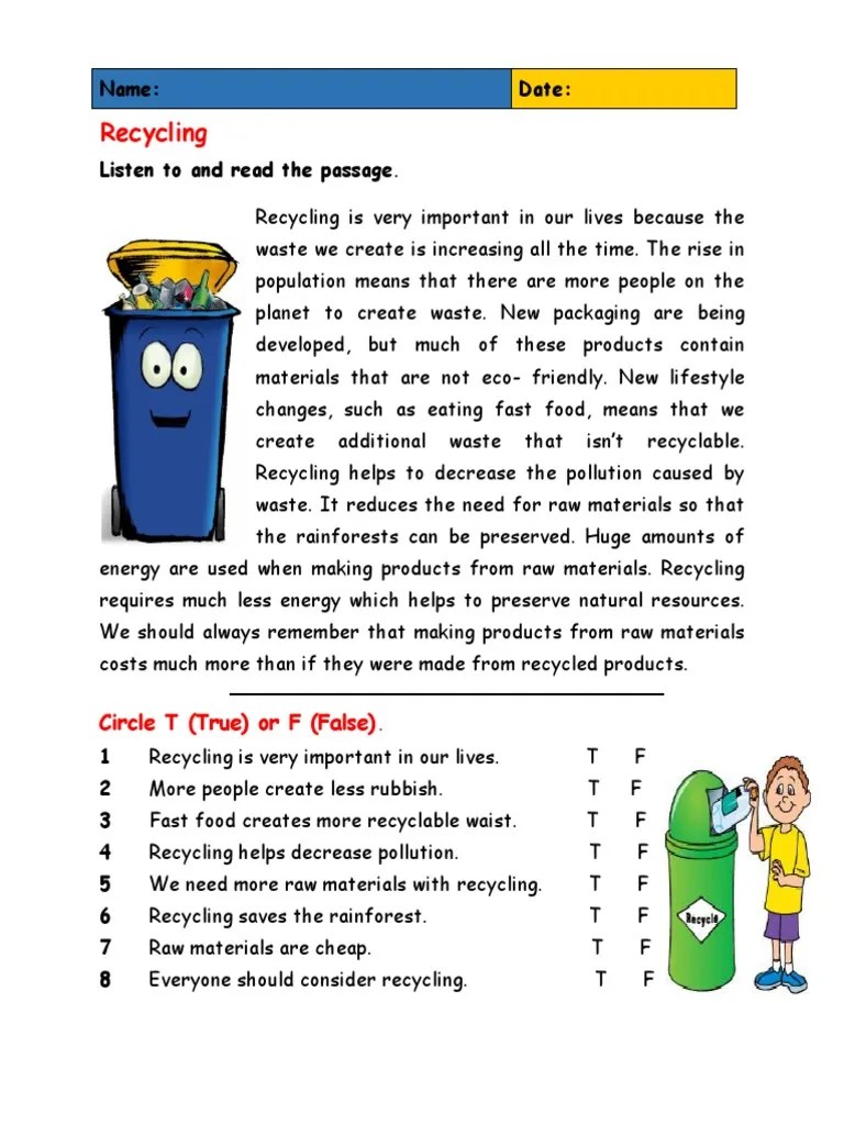 Recycling Reading Comprehension Exercises 102910