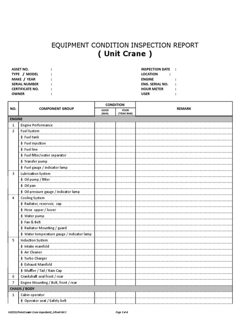 Inspection Report Equipment Crawler Crane Vehicles Manufactured Goods