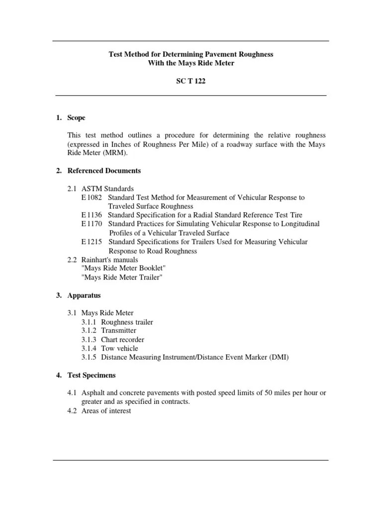 Test Method For Determining Pavement Roughness With The Mays Ride Meter SCT122 PDF Road