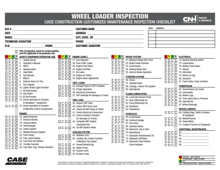 Wheel Loader Inspection Checklist