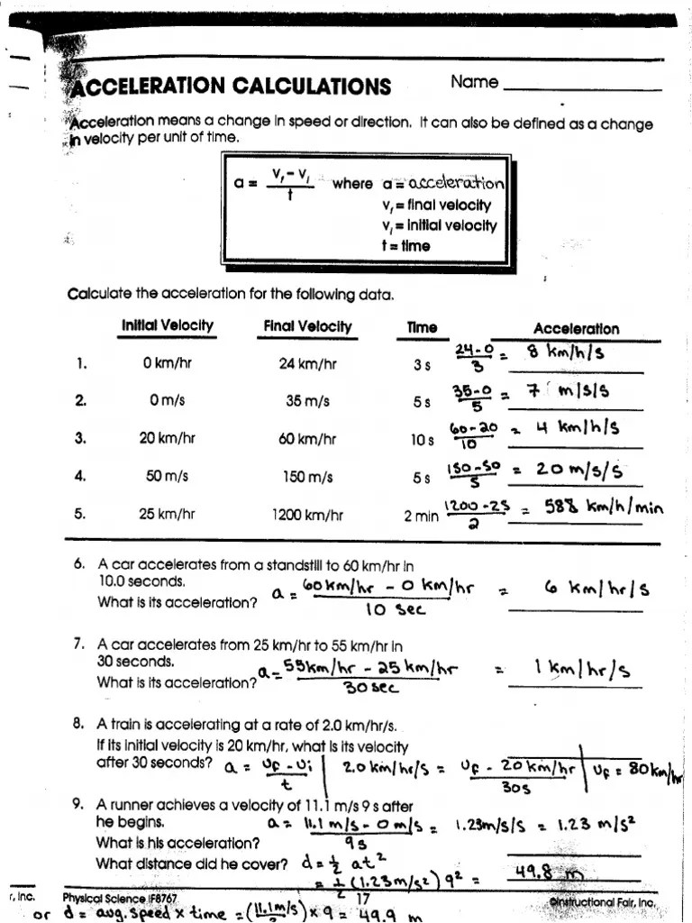 Acceleration Calculations Answer Key | PDF