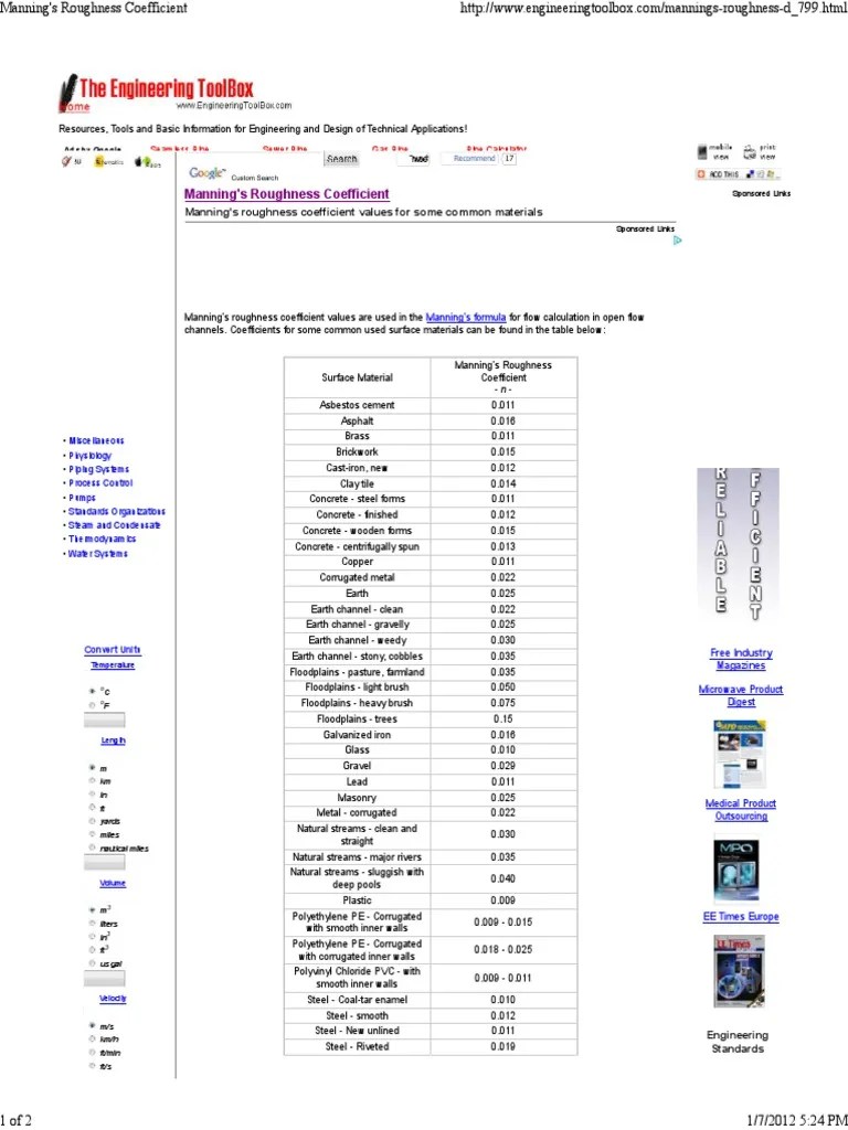 Manning Coefficient.pdf Pipe (Fluid Conveyance) Pressure