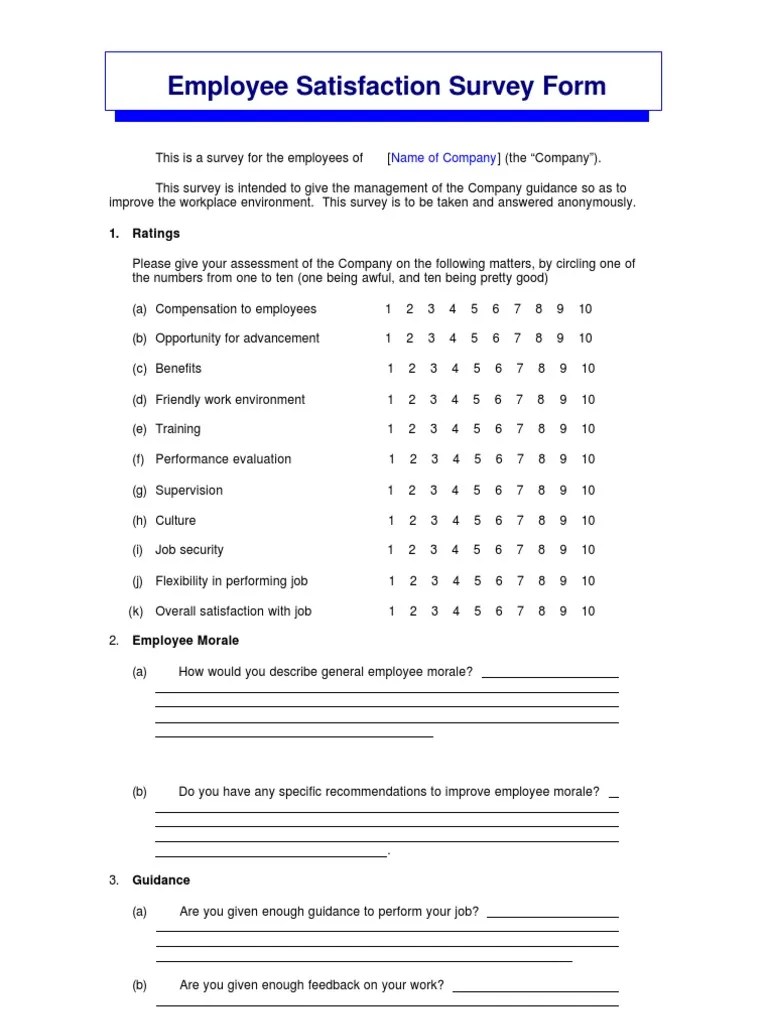 Employee Satisfaction Survey Form Job Satisfaction Performance