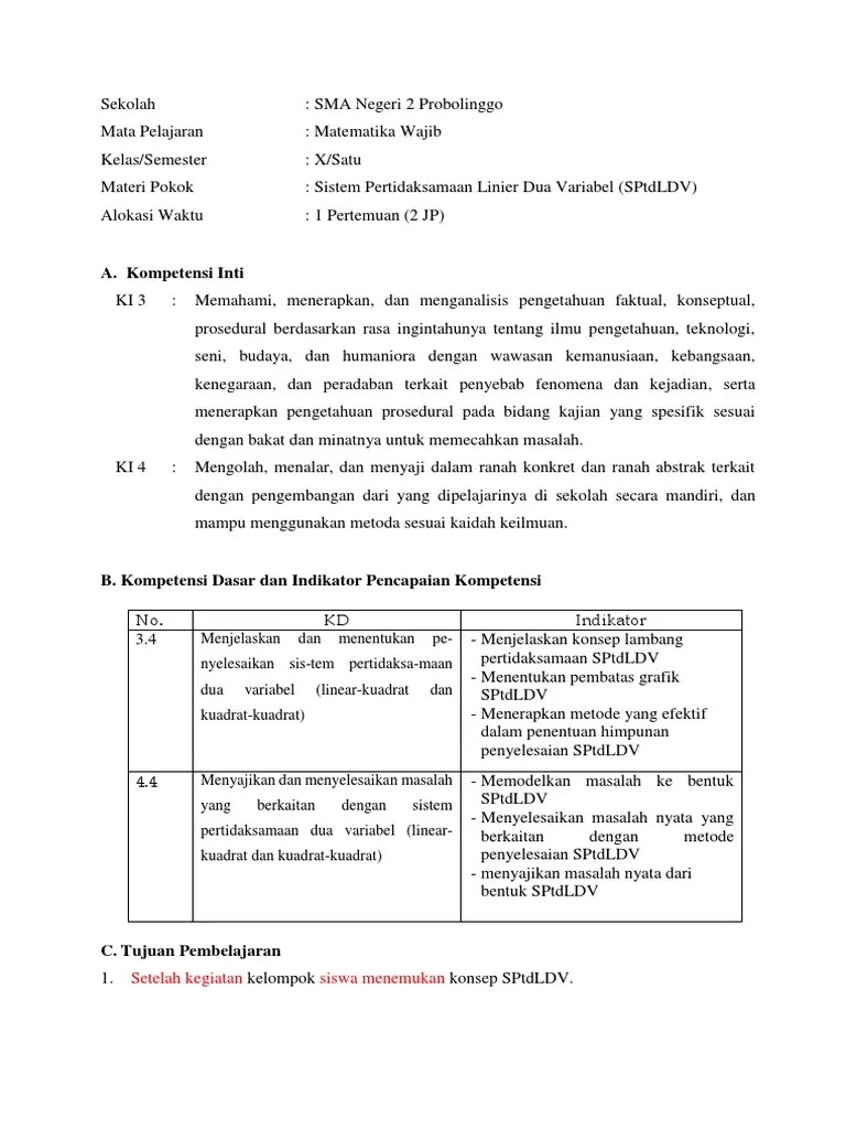 RPP Sistem Pertidaksamaan Linier Dua Variabel (Revisi) | PDF