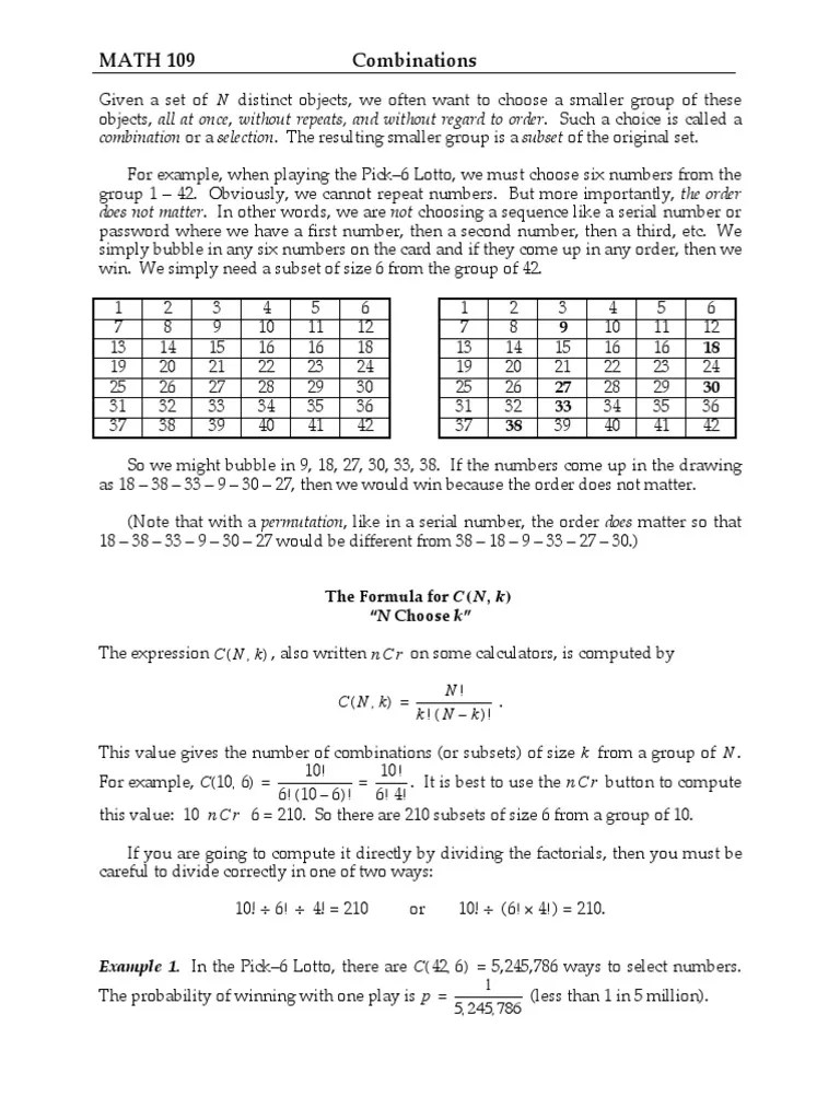 Combinations Lotto Discrete Mathematics Physics & Mathematics