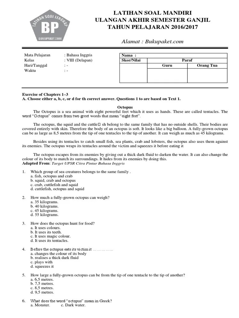 Latihan Soal UAS Bahasa Inggris Kelas 8 Semester 1 Gardens Octopus