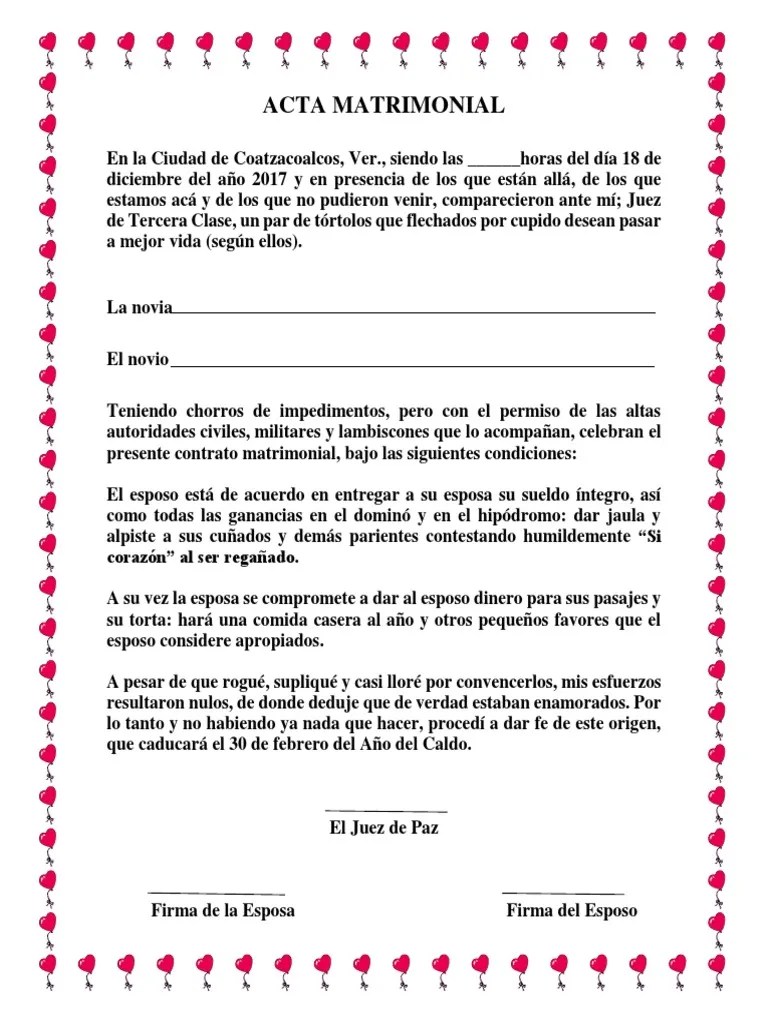 Acta de Matrimonio de Broma Para Imprimir