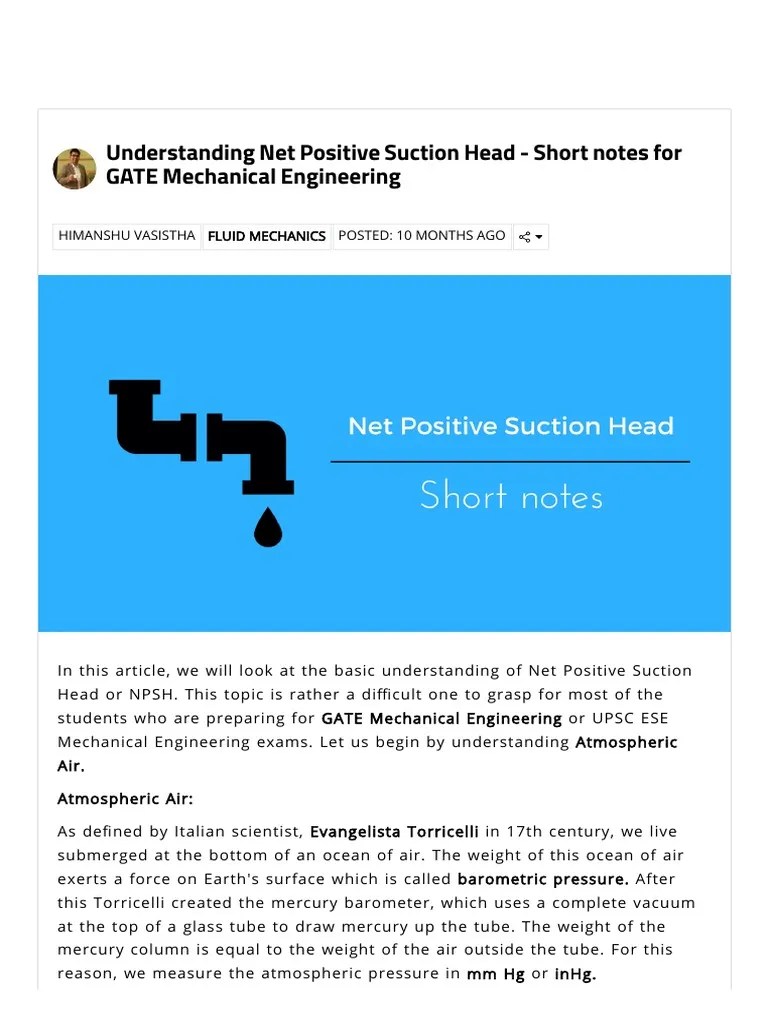 Understanding Net Positive Suction Head Short Notes For GATE
