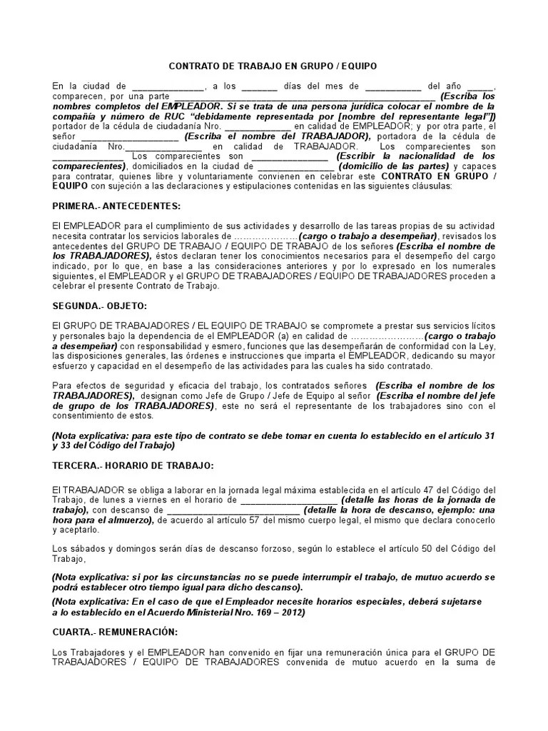 6 Contrato de Trabajo en Grupo Equipo Salario Justicia Prueba