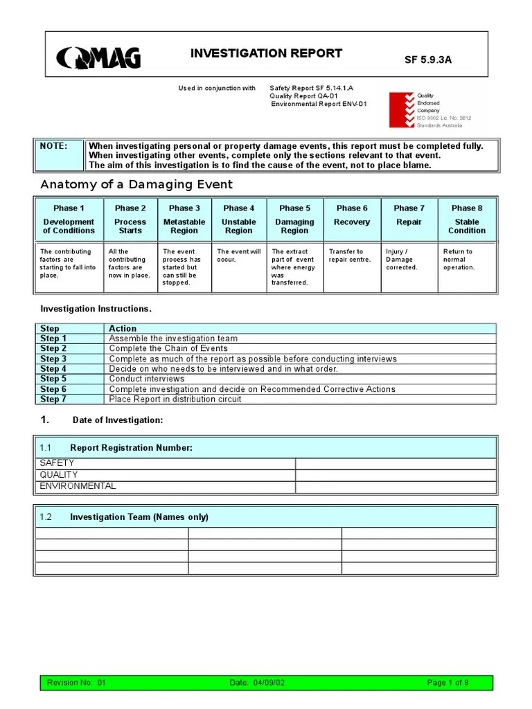 Safety Investigation Report Risk Assessment Occupational Safety And Health