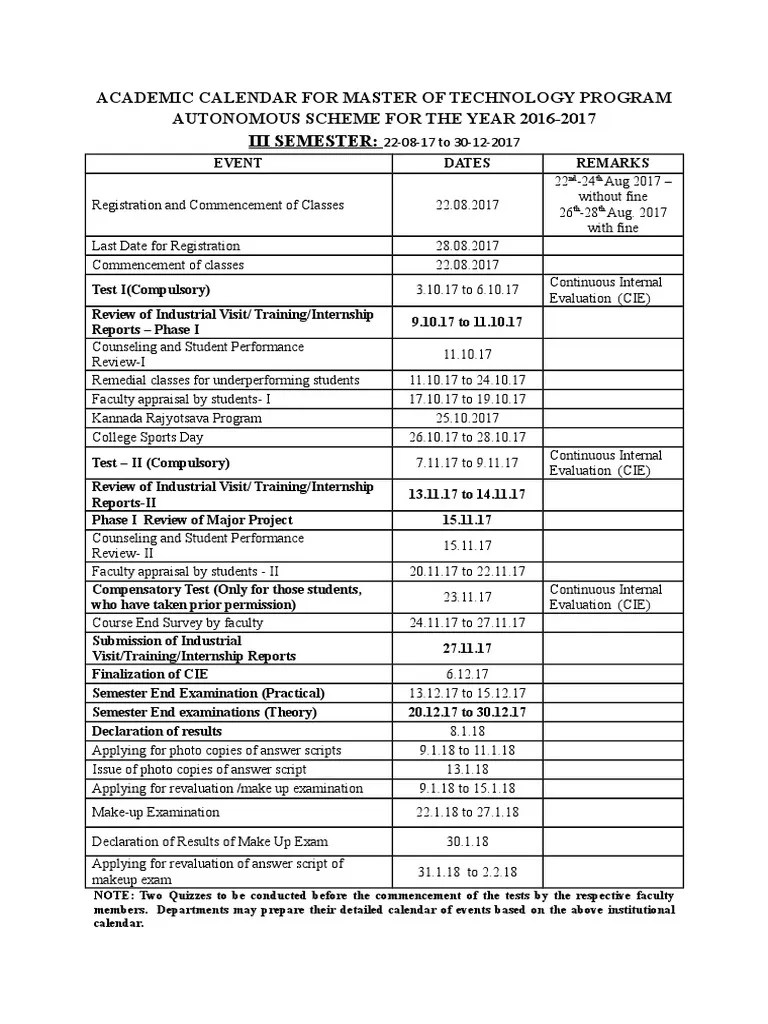 M.Tech Academic Calendar 201617 PDF Academic Term Test (Assessment)