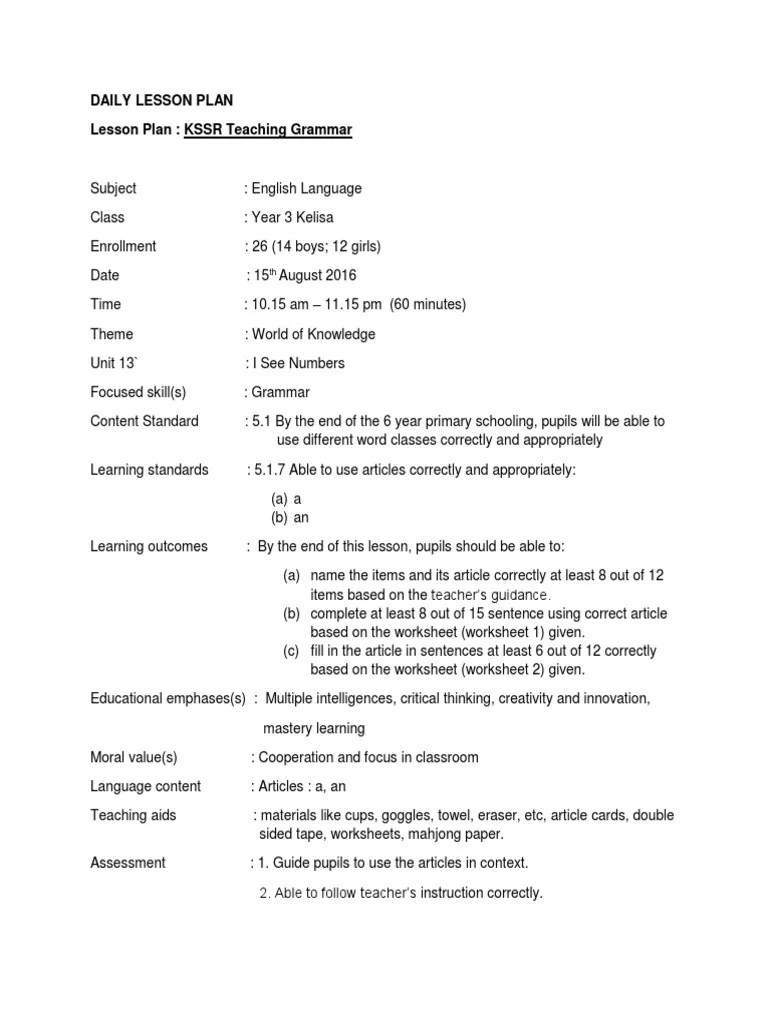 Lesson Plan for Teaching Grammar Lesson Plan Teachers