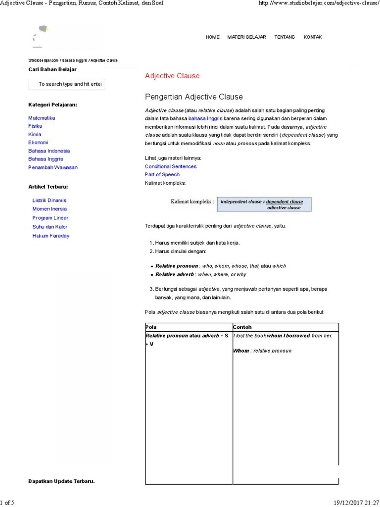 Adjective Clause - Pengertian, Rumus, Contoh Kalimat, Dan Soal | PDF