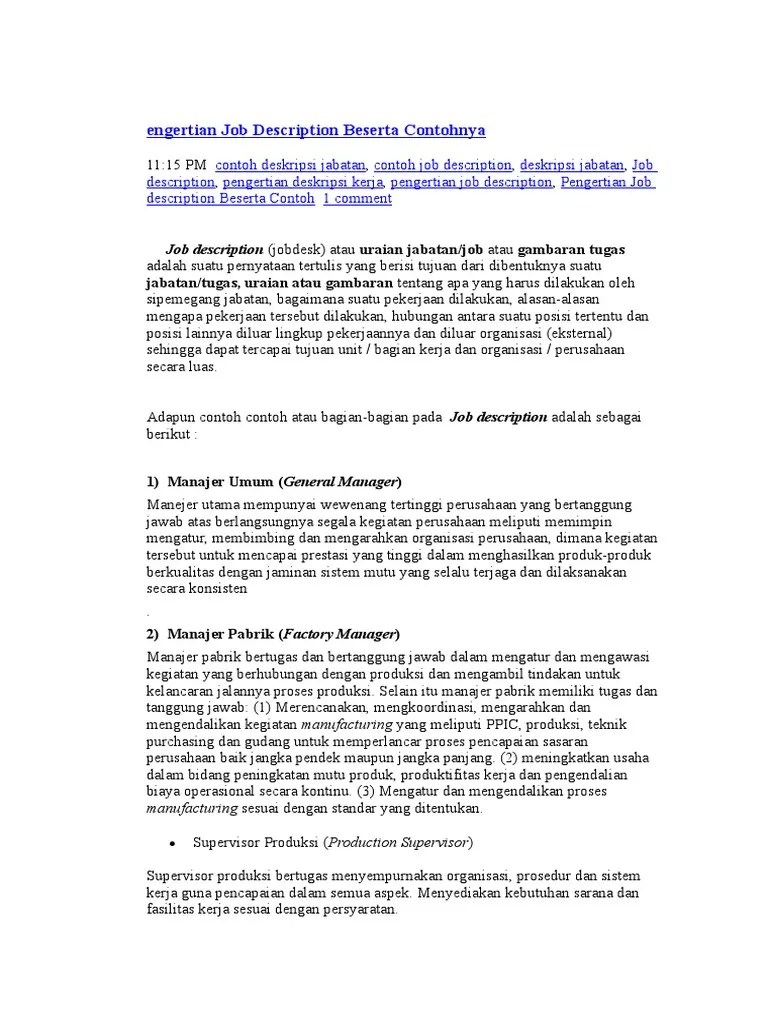 Pengertian Job Description Beserta Contohnya