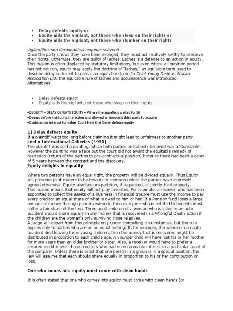 Delay Defeats Equity or PDF Laches (Equity) Equity (Law)