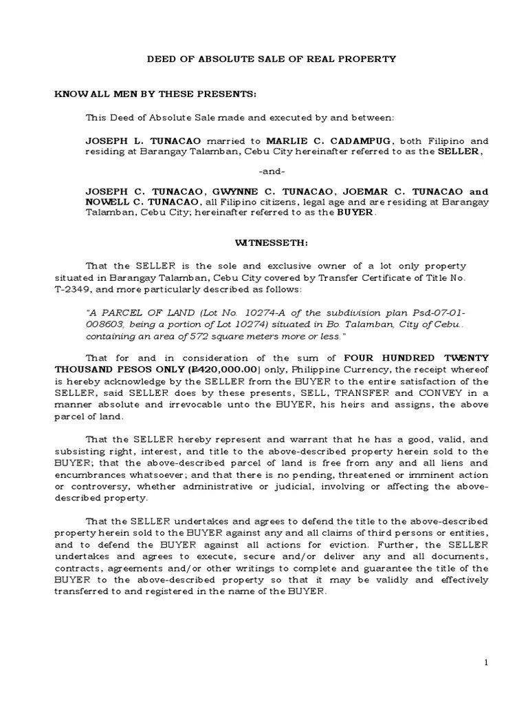 Deed of Sale of Real Property Deed Property Law