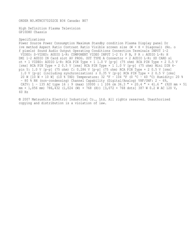 Panasonic TH42PX75U Chassis GP10DHU TV Plasma Service Manual PDF