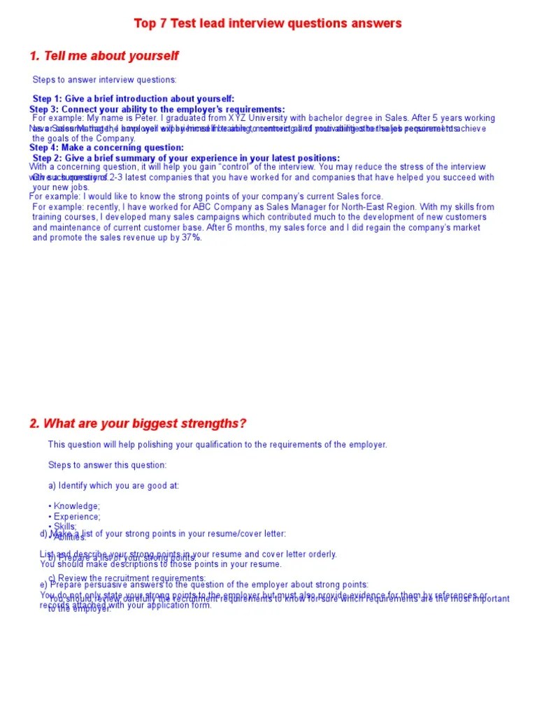 1. Tell me about yourself Top 7 Test lead interview questions answers