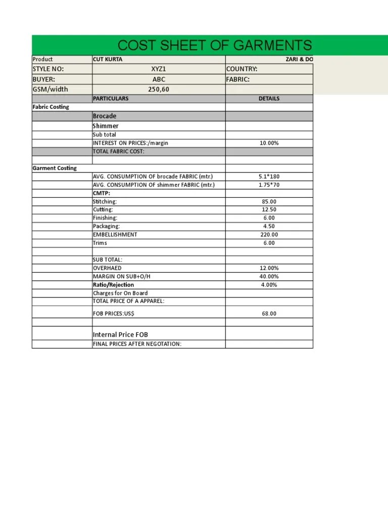Garments Cost Sheet PDF Textiles Weaving