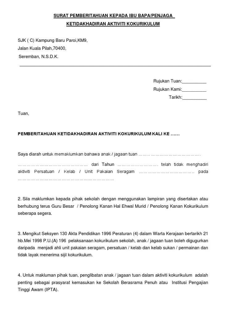 Contoh Surat Amaran Tidak Hadir Ke Sekolah