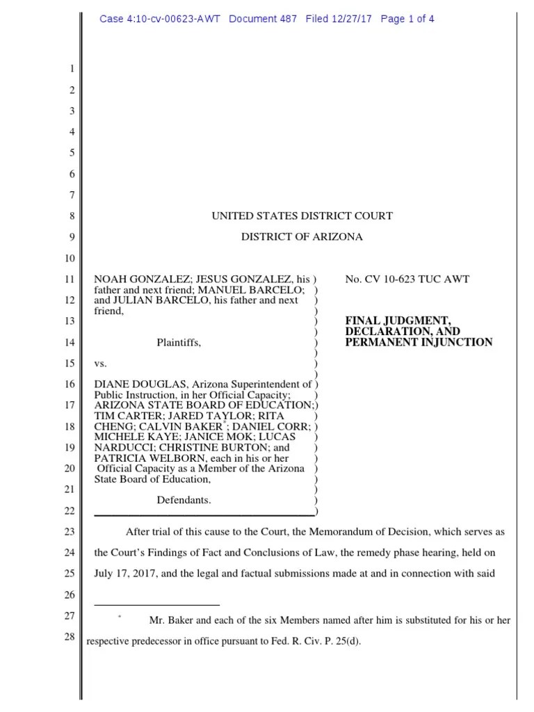 Judgment Arizona barred from enforcing law against TUSD's MAS classes