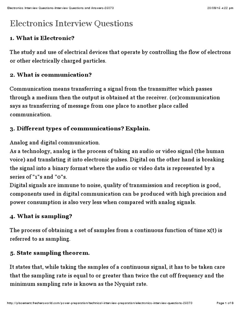 Electronics Interview Questions PDF Modulation Operational Amplifier
