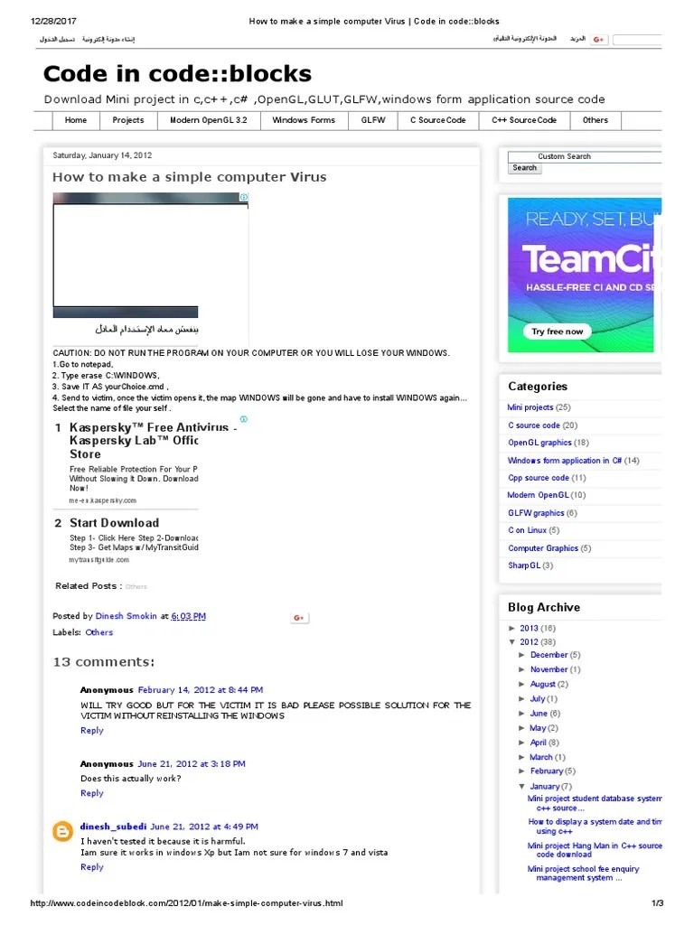 How To Make A Simple Computer Virus Code in Code Blocks PDF