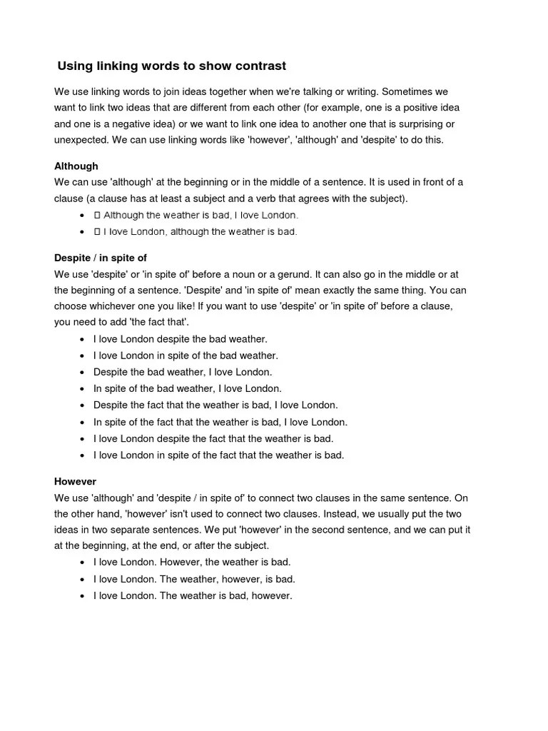 Using Linking Words To Show Contrast PDF Sentence (Linguistics) Subject (Grammar)