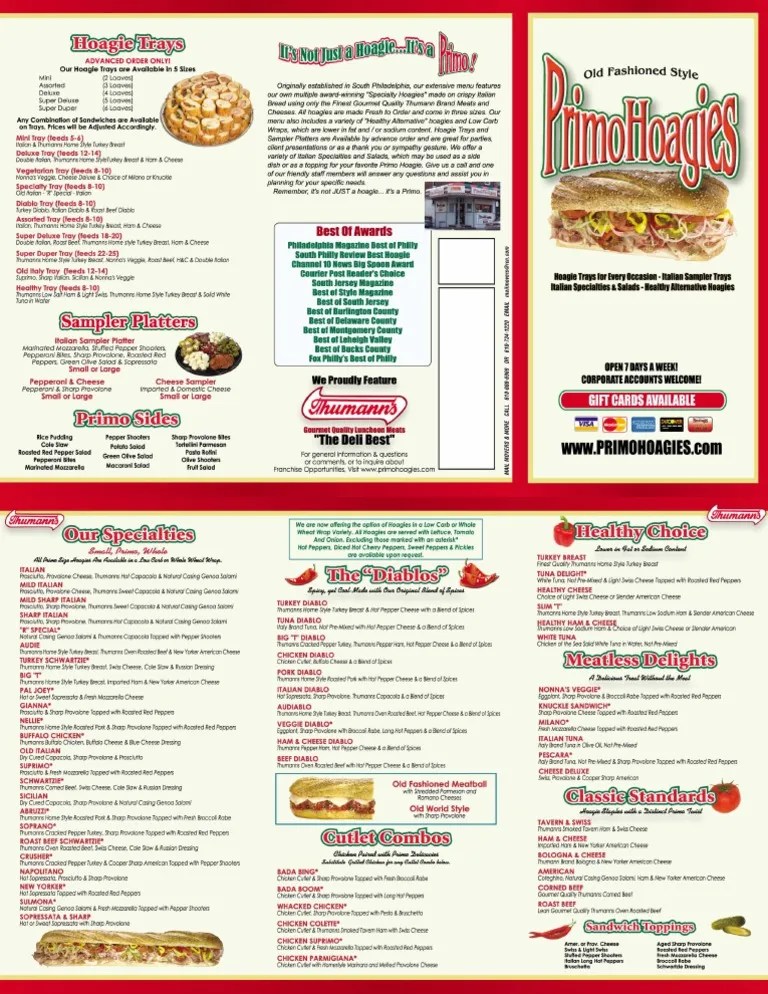 Primo Hoagies Menu PDF
