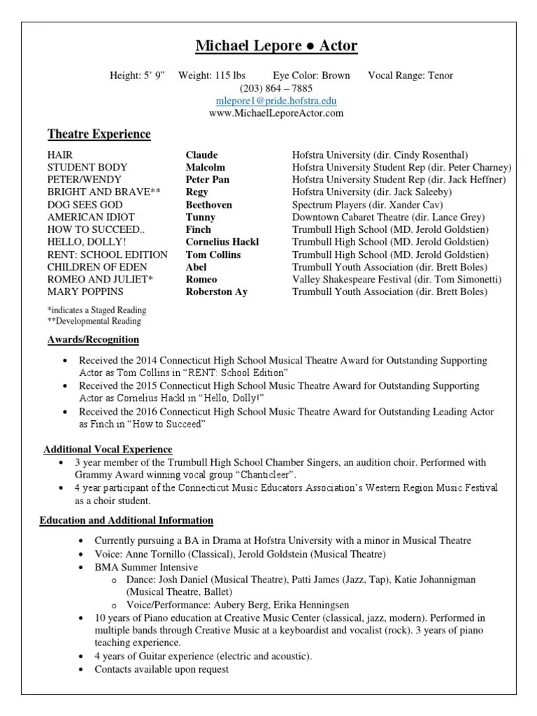 Theatre Resume | Musical Theatre | Leisure