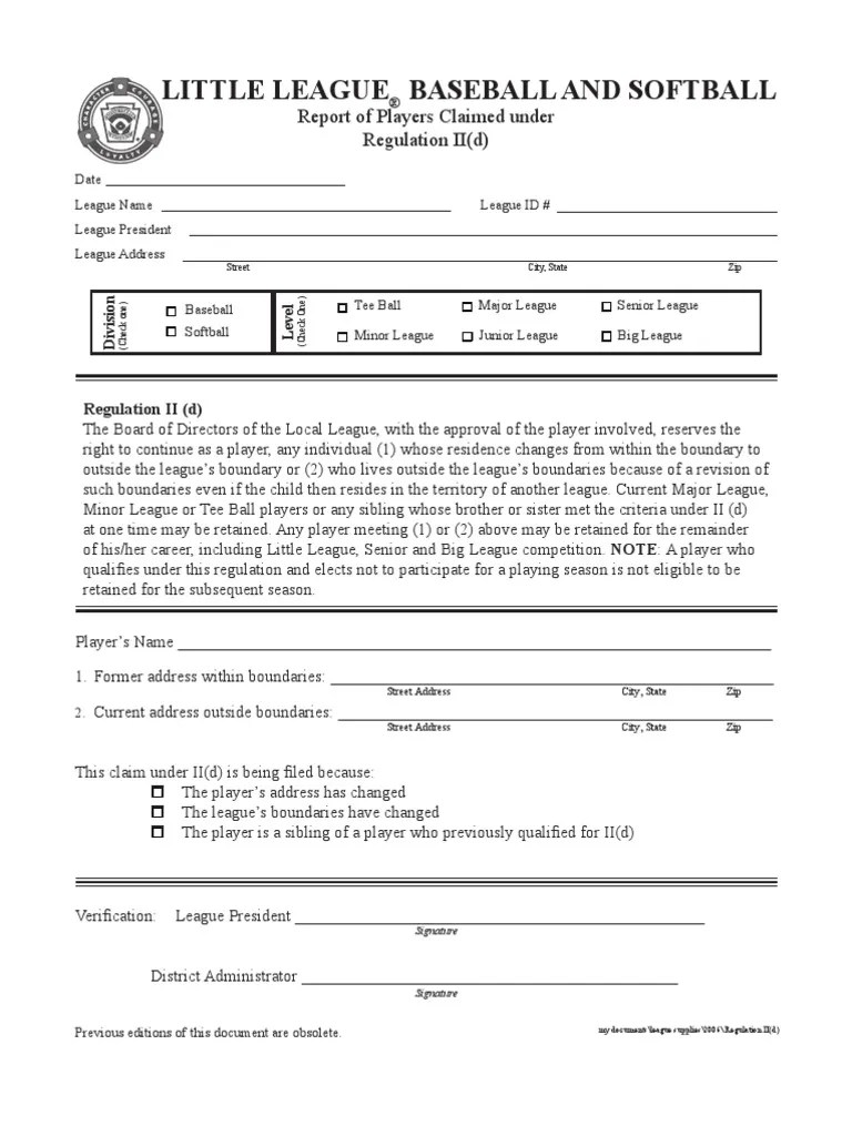 Little League Baseball and Softball Report of Players Claimed Under