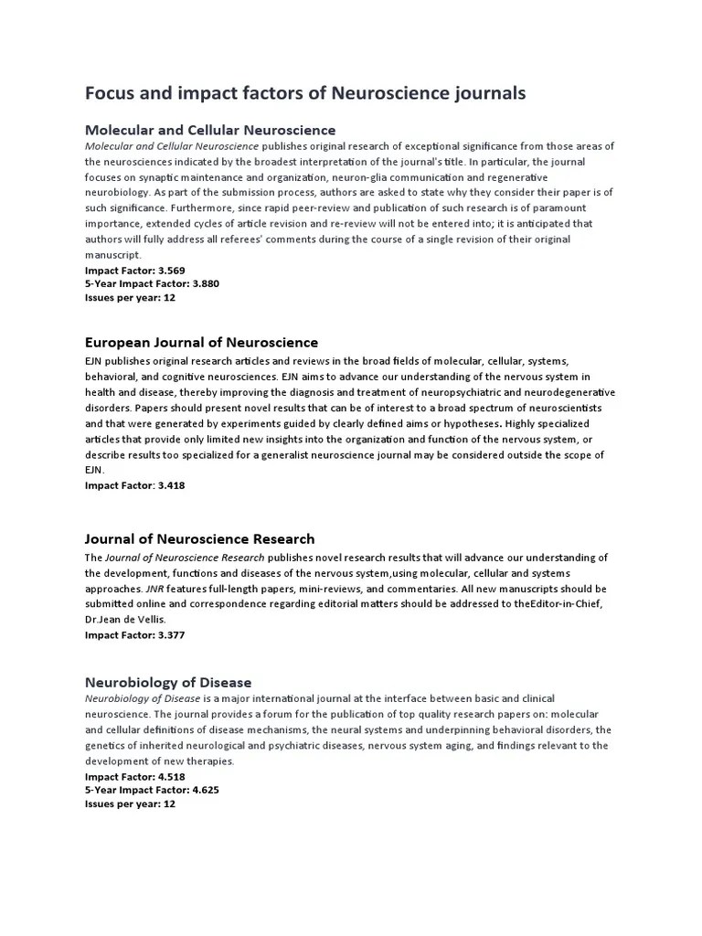 Focus and Impact Factors of Neuroscience Journals PDF Neuroscience