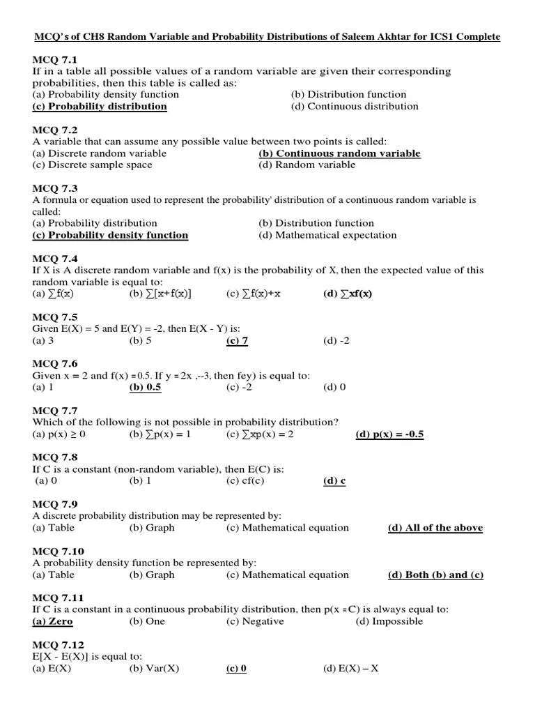 Mcq Random Variable and Probability Distributions Wiht Correct Answers