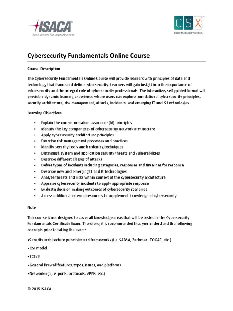CSX Cybersecurity Fundamentals Online Course Description 2015 Bro Eng