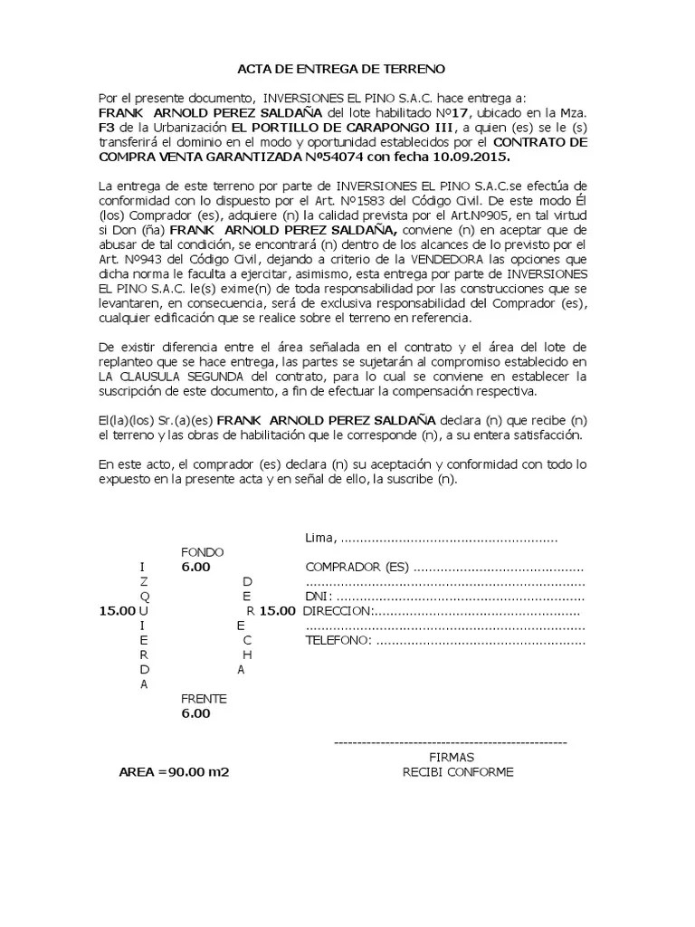 Acta De Entrega De Terreno Gobierno Política