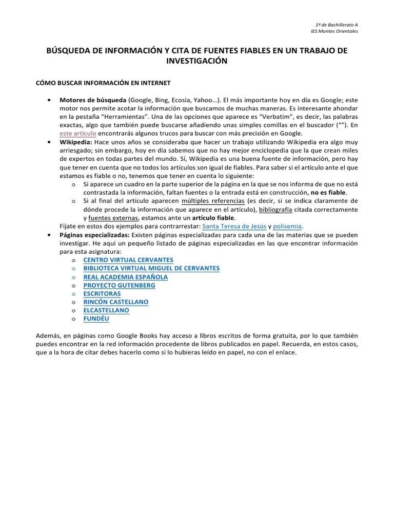 BÃšSQUEDA DE INFORMACIÃ“N Y CITA DE FUENTES FIABLES EN UN TRABAJO DE