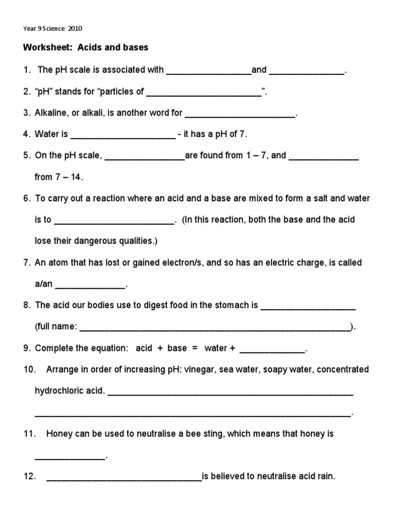 Acids and Bases - Worksheet Yr 9 Science