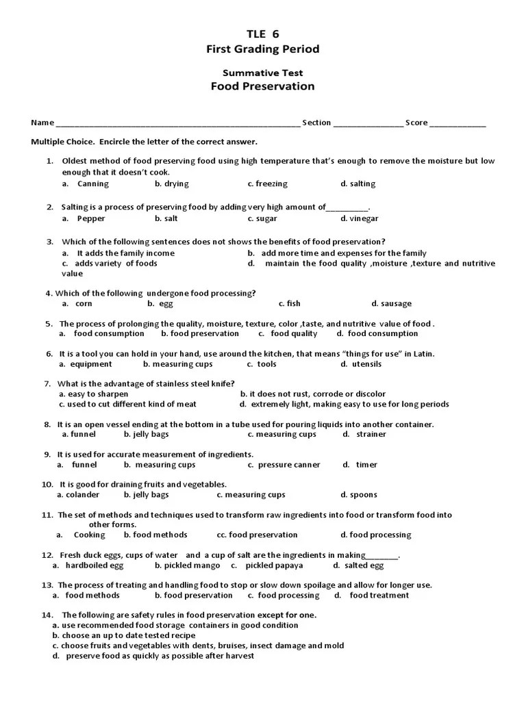 Test TLE6 Food Preervation Summativetest Food Preservation Food