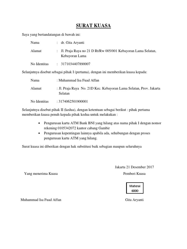 Contoh Surat Kuasa Untuk Bank Mandiri