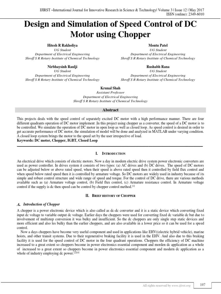 Design and Simulation of Speed Control of DC Motor Using Chopper PDF