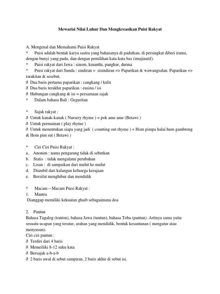 Mewarisi Nilai Luhur Dan Mengkreasikan Puisi Rakyat