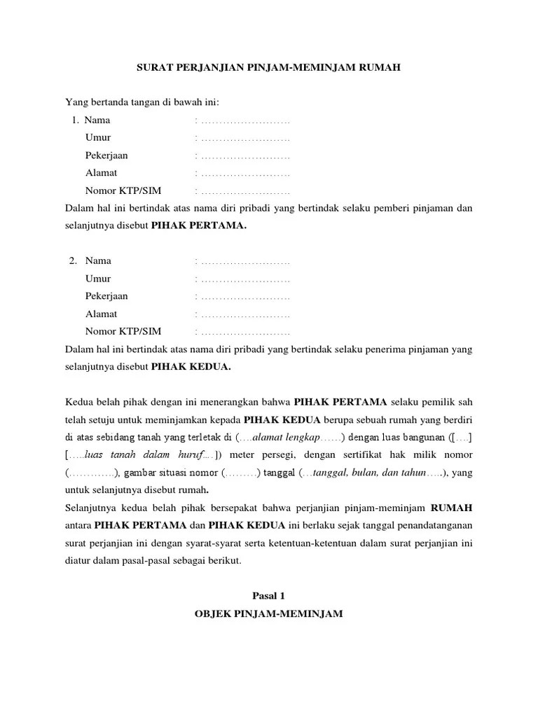 Surat Perjanjian Pinjam-Meminjam Rumah | Pdf