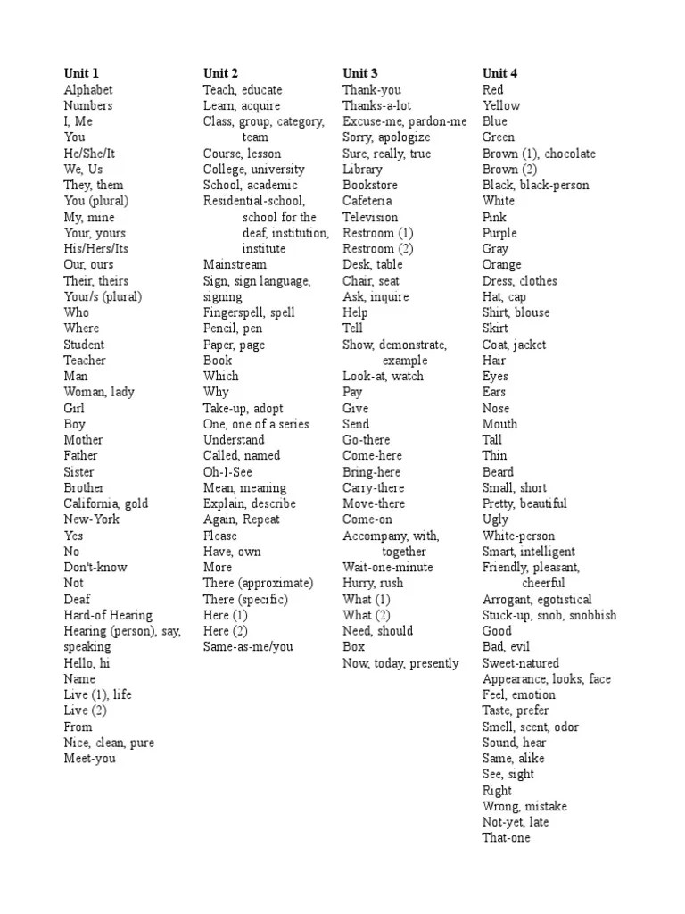 ASL Vocabulary List American Sign Language Object (Grammar)