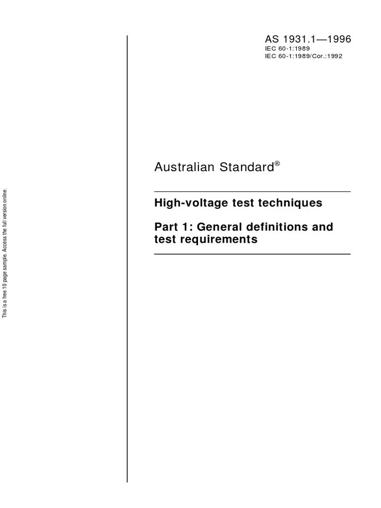 Australian Standard HighVoltage Test Techniques Part 1 General