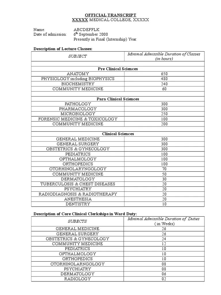 Sample Transcript Medical School Medicine