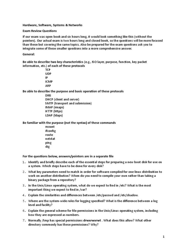 Review Questions Covering Hardware, Software, Systems, Networks and