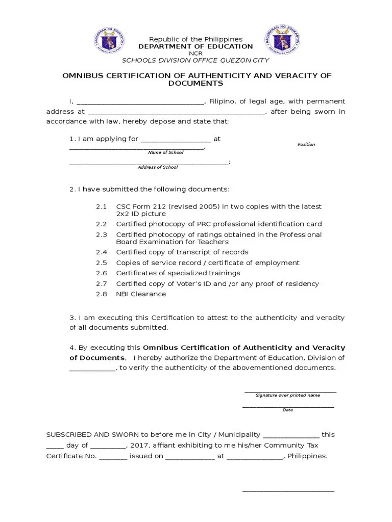 Omnibus Certification Of Authenticity And Veracity Of Documents